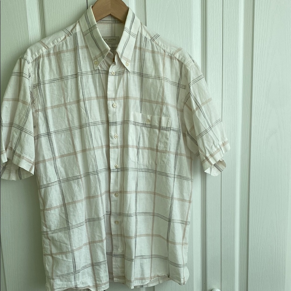 White and Tan Casual Button Down Shirt, size M